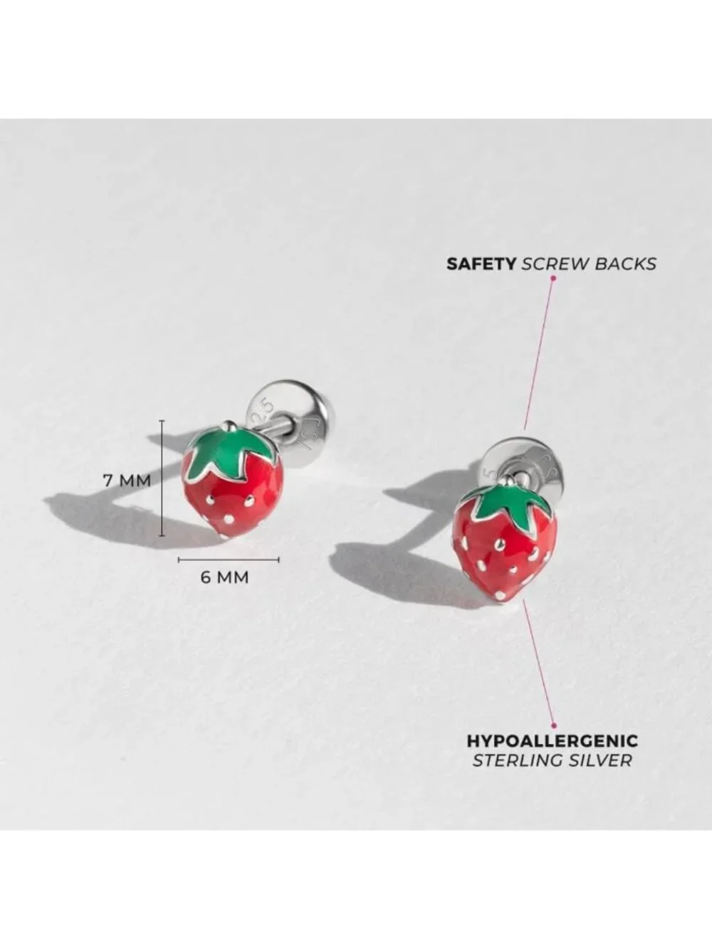 Strawberry Stud Earrings for Kids - 925 Sterling Silver, Secure Screw Backs
